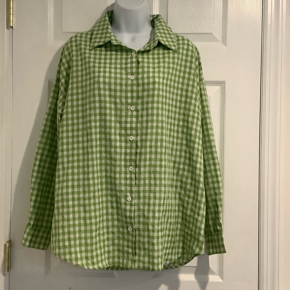 COMMENSE Womens Green/White Gingham Oversized Picnic Coastal Grandma Blouse S